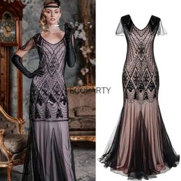 Robe Femmes Années 1920 Robe Gatsby Années 20 Vintage Col en V Paillettes Perles Maxi Cocktail Robe à clapet Maille Robe De Bal Longues Robes Élégantes