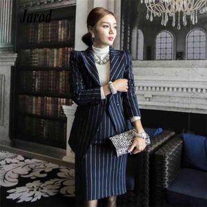 Jurk Women 2 -delige set Stripe Top Suits en bodycon -jurken Elegante kantoor dames ol Workwear Clothing 210519 ES 10519