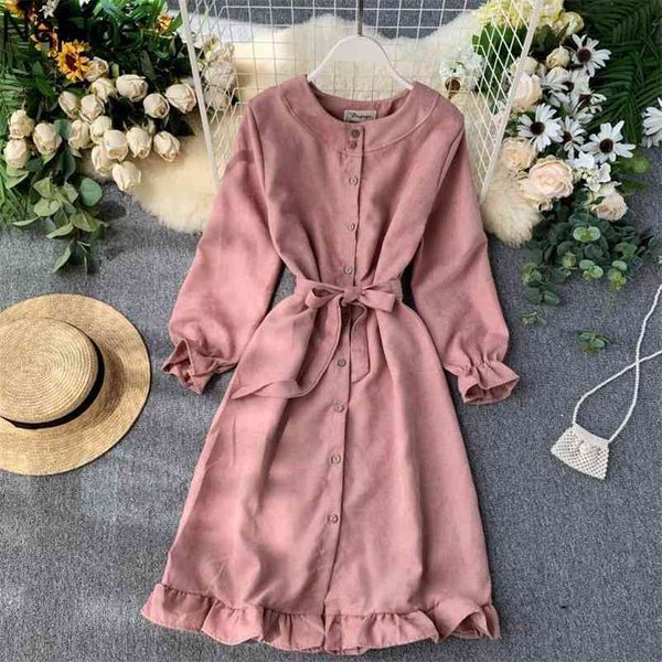 Robe femmes automne Chic élégant volants unique poitrine taille haute à lacets arc Vestido O cou bouffée à manches longues une ligne Ropa 210422