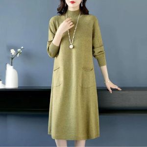 Robe femme automne robes longues hivernales tricot tricot 2023 Nouveau motif ondulé patchwork mi-col haut de gamme