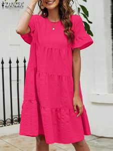 Jurk Vrouwen Casual O Hals Korte Mouw Jurk Gewaad Femme Solid Losse Ruches Midi Vestido 2023 ZANZEA Mode Zomer Vakantie zonnejurk