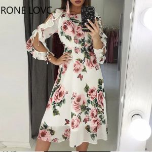 Robe Chic pour femmes, imprimé Floral, à lacets, ourlet à volants, manches ajourées, robes mi-longues