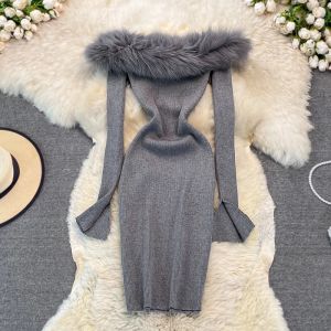 Vestido de mujer elegante con hombros descubiertos, vestido de tubo mullido, vestido de fiesta de cumpleaños tejido de manga larga, suéter de tubo elegante para Otoño e Invierno