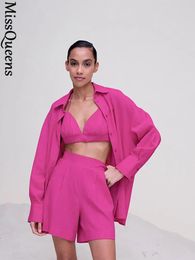 Robe femmes coton lin Shorts 3 pièces ensemble chemise ample + sous-vêtements + taille haute pantalon court costume 2022 femme chemises décontractées tenue