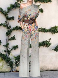 Robe femmes élégant bureau dame ample jambe large pantalon body col incliné impression florale doux dames combinaisons mode Streetwear