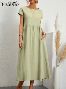 Jurk Vrouwen Elegante Effen Maxi Jurk Zomer Korte Mouw O Hals Vintage Harajuku Katoen Linnen Losse Zonnejurk Y2K Zakken Lange Jurk