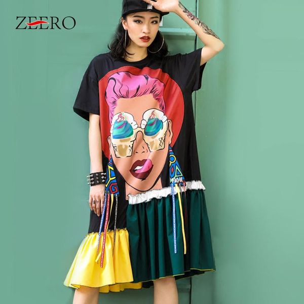 Robe Femmes Mode Dessin Animé Visage Applique D'été Robes Streetwear Couleur Contrastée Décontracté Gland T-shirt Robe Midi Robes