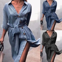 Robe Femmes Mode Denim Robe Vneck Trois-quarts Manches Ceinturée Slim Casual Robe Boutons Automne 2018 Robe De Grande Taille Robes Robe