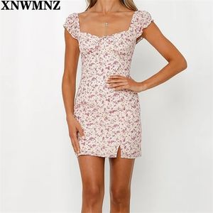 Jurk vrouwen mode sexy bloemen print schede vestidos retro cap sleeve split zomer mini slank vrouwen es 210520