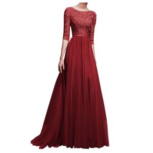 Jurk Vrouwen Formele Toga Jurken Bruiloft Vintage Wijn Rode Avond Jurken Prom Halve Mouw Aankomst Kant Uitgehold Maxi vestidos