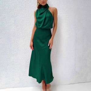 Robe Femmes Halter Satin Soie Robes D'été Sexy Champagne Vert Soirée Élégante Robes Maxi Pour Les Femmes Robes D'occasion Formelles