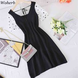 Kleid Frauen Koreanische Elegante Schwarze Robe Patchwork Gaze Kurzarm Mini Kleider Retro Temperament V-ausschnitt Schlanke Vestidos 210519