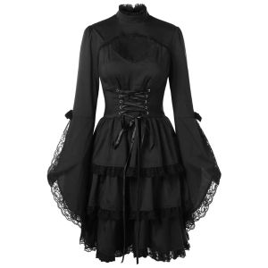 Robe femmes médiévale Renaissance pansement robe noire tunique élégante robe de soirée dames manches évasées dentelle garniture Cosplay Mini robe