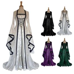 Robe de Cosplay rétro pour femmes, manches évasées, Vintage, longueur au sol, couleur unie, grande manchette, robe Maxi, Style gothique pour Halloween