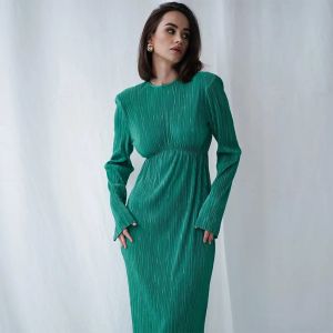 Vestido Mujer Elegante Verde Rojo Vestido Largo Plisado Otoño Invierno Retro Cuello Redondo Manga Larga Hueco Delgado Fiesta Vestidos Lápiz Mujer