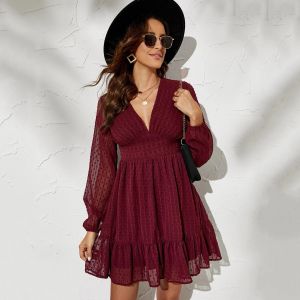 Vestido de mujer elegante de manga larga con cuello en V y cintura alta Mini vestido 2022 de gasa informal a la moda con volantes vestidos rosas para mujer