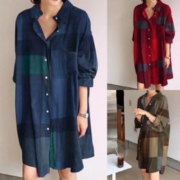 Robe femme mode décontracté Plaid imprimé revers simple boutonnage panneau droit à manches longues chemise ample robe pour femmes vestido #15