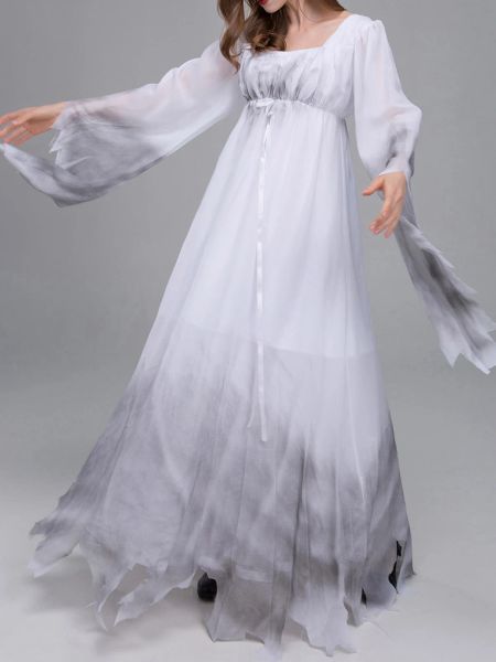 Robe Femme Gothique Victorien Fantôme Costume Gossamer Blanc Déguisement Halloween Cosplay Haunter Tenue de Fête pour Adultes Vêtements