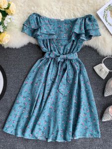 Vestido de fiesta para mujer, vestido con volantes y cuello oblicuo, dulce estampado Floral en la cintura, vestido con cordones, Vestido corto de playa de celebridad cibernética de verano ML828