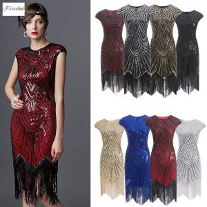 Jurk Dames Lange Rok Jaren '20 Vintage Great Gatsby Party Flapper Jurk Voor Vrouwen Elegante Mouwloze Pailletten Kwastje Jurken