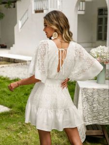 Robe Femmes Sexy Mini Jupes Blanc Boho Swing Robe À Volants Évasée Manches Courtes Col En V Bouton Robe De Plage Mode Vacances Beachwear