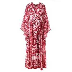 Robe Femme Printemps Et Automne 2023 Nouvelle Mousseline De Soie Imprimée Grande Balançoire Col En V Manches Volantes Fleur Rouge Robe En Porcelaine Manches Chauve-Souris Fleur Imprimé Robe Longue Deux couleurs