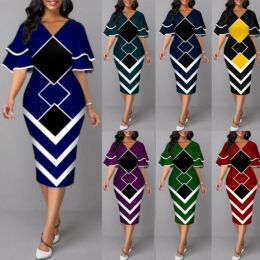 Kleed Dames zomer nieuwe gelaagde flare mouw Aline Dress 2023 Digitale print plus size pullover mode sexy vneck elegante jurk