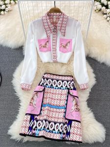 Kleed dames zomer twopeage rokpak, paardengeometrie print blouse en aline pocket button rok set