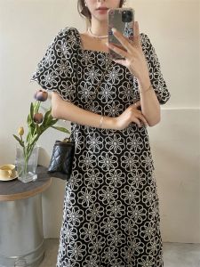 Jurk Dames Zomer Vintage Grote maten Lange bloemenjurk Pofmouwen Vierkante kraag Recht Maxi Sudnress 2023