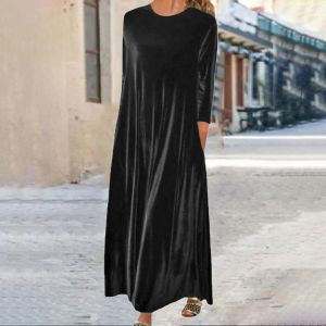 Robe Femme Velours Robe Shift Longue Maxi Robe Vert Noir Violet Manches Longues Couleur Pure Poche Hiver Automne Printemps Ras du Cou Mature