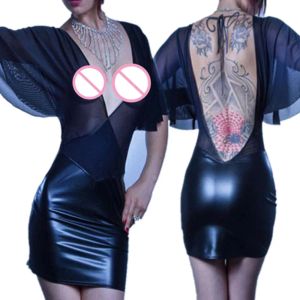 Jurk Vrouwen Sexy Kunstleer Latex Jurk Erotische Diepe Vneck Backless Zien Door Zwart Transparant Mesh Jurk Fetish Clubwear Jurk