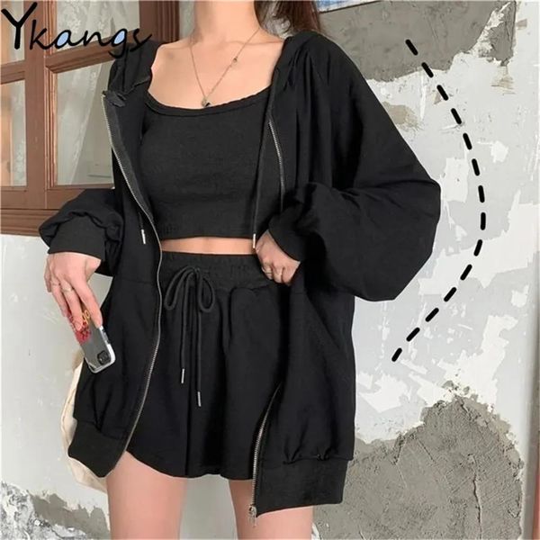 Robe de sport d'été pour femmes, ensemble 3 pièces, veste à capuche solide décontractée avec fermeture éclair + haut court à col licou + short taille haute avec cordon de serrage, costume grande taille 2XL