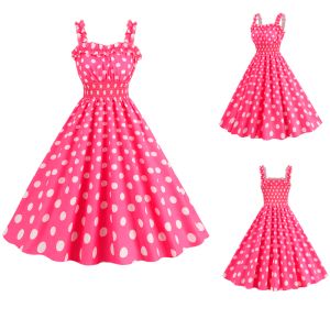 Jurk Vrouwen Vintage Roze Stip Zomerjurk 2023 Gewaad Femme Pinup Sexy Spaghettibandjes Print Swing Kostuum Party Prom Dress