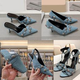 Habiller les femmes vintage sandales bleues denim slingbacks pompes designer 9cm talons stiletto glissades de sandales pantoufles mules chaussures de moto mule