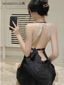 Jurk WOMENGAGA Nieuwe Zomer Sexy vrouwen Zomer Hot Ijs Zijde Sling Slapen Mini Jurk Elegante Dunne Koreaanse Stijl Backless sexy GXWL