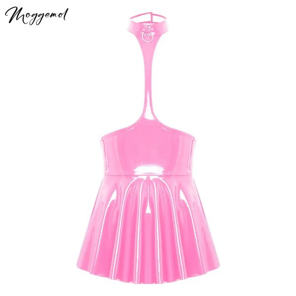 Robe Femmes Lingerie Poitrine Exposant Jupe Mini Robe Wet Look Cuir Verni Dos Nu Poitrine Ouverte Halter Aline Latex Robe Clubwear