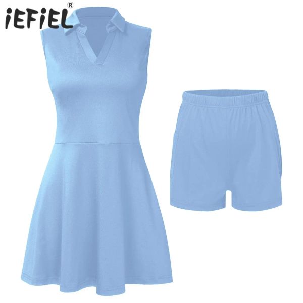 Robe Femmes Tennis Golf Robe Athlétique avec Short Col Col V Sans Manches Poche Au-dessus Du Genou Robe Chemise Gymnastique Vêtements De Sport