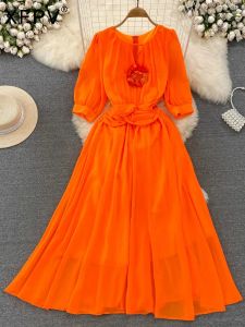 Robe XFPV robe élégante femmes Prairie Chic dos fermeture éclair plis Aline évider Oneck robe femme 2023 été nouvelle mode SM7595