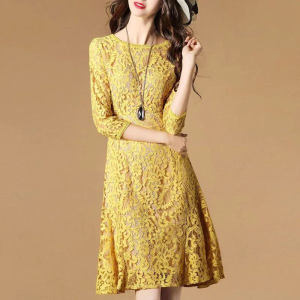 Vestido de Encaje Amarillo para mujer, Vestido ajustado, vestidos elegantes para mujer, falda Aline de telas bordadas florales de longitud media de primavera
