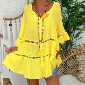Robe jaune été automne coton lin robes pour femmes manches 3/4 col en v ample boutonné robe creuse grande taille chemise robe Maxi
