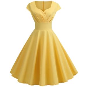 Vestido amarillo Swing Summer Vestidos Mujeres Manga corta Hepburn 50 60s Vintage Rockabilly Wrap Vestidos Elegantes Vestidos de fiesta de noche