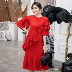 Jurk Yigelila Fashion Women Red Ruffles Jurk Solid Casual Oneck Flare Sleeve Chiffon Pleated Empire Slim Midi Lengte Dress 62436