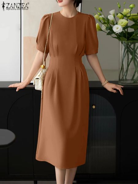 Robe ZANZEA Robe de soirée élégante femmes Robe d'été élégant manches courtes bouffantes robes de travail Robe Femme décontracté solide ceinturé robes