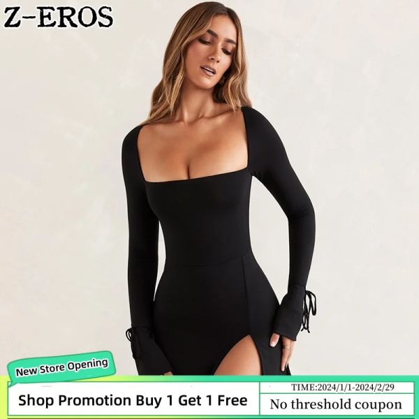 Vestido ZEROS Otoño de Las Mujeres Nuevo Cuello Cuadrado Sexy Manga Larga Slim Fit Wrap Hip Split Cordón Picante Vestido de Niña Vestido Corto Inferior