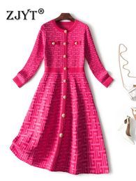 Dress Zjyt Patrones geométricos Tejer suéter Vestidos para Otoño e Invierno Mujeres Coreanas Botones de Manga Larga Prendas de Punto Bata de Fiesta Informal