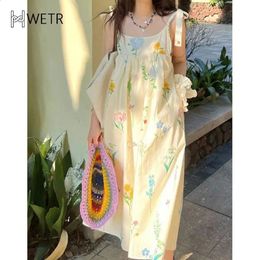 Dresshe Summer Aline Midi Laceup Floral Spaghetti Strap Vactures Sweet Girls Korean Style 240416
