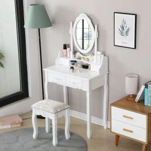 Miroir de table de commode avec chaise Ensemble de vanité tablière tabouret en bois 4 tiroirs modernes armoire de rangement de chambre à coucher minimaliste moderne