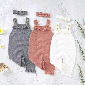 Jurken 03 jaar peuter meisje herfst outfit sets solide kleur mouwloze gebreide sling jumpsuit + hoofdband