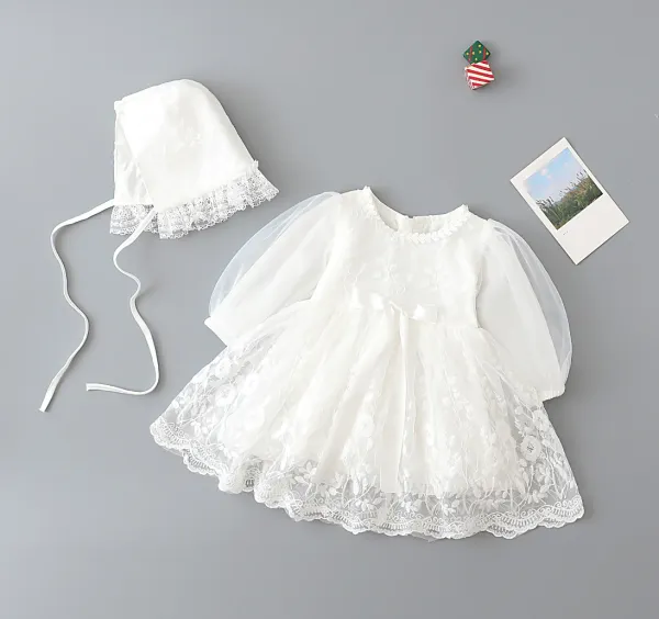 Robes 1er anniversaire robes de fête pour fille nouveau-né l'automne blanche dentelle princesse bébé baptême robe avec chapeau