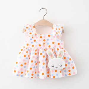 Jurken 2/stuk set van zomermeisjes jurk tas baby meisje vierkante nek kleurrijke polka stip kleine vliegende mouw jurk konijntas